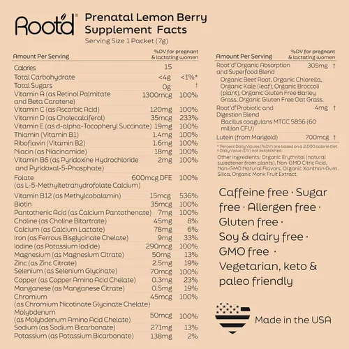 Miniatura 7 de Root'd Polvo multivitamínico prenatal - 25 vitaminas y minerales con 3 electrolitos, folato, hierro, D3 para mamá y bebé, 7 superalimentos