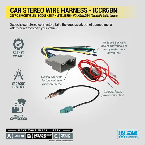 Miniatura 8 de Scosche ICCR6BN Kit de instalación de radio Double DIN para salpicadero Compatible con vehículos selectos Chrysler, Dodge, Jeep y RAM de 2007-2019