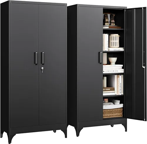Miniatura 10 de Letaya Armarios de almacenamiento de metal con puertas con cerradura, organizador alto de taquillas, armarios de garaje de acero, 5 estantes Negro