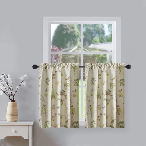 Miniatura 32 de Leeva Cortinas rústicas de cocina con estampado floral verde mezclado de lino para media ventana, para comedor, bolsillo para barra, cafetería