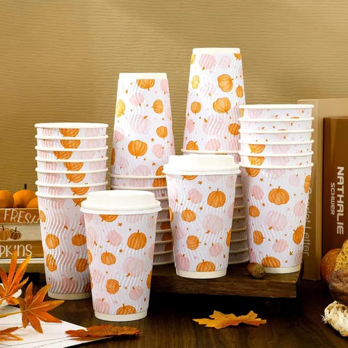 Miniatura 4 de JarThenaAMCS 100 tazas de café desechables de otoño con tapas, taza de papel de calabaza rosa naranja de 16 onzas, taza de papel de calabaza