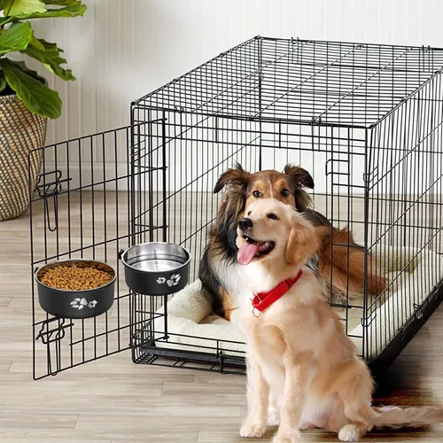 Miniatura 3 de Cuenco de agua para perrera, caja de acero inoxidable para perros, tazón de agua sin derrames, paquete de 2 cuencos colgantes para jaula de perrera