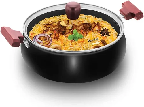 Hawkins Futura - Cook n Serve Handi de 5 litros, anodizado duro Biryani Handi con tapa de vidrio, cacerola, sartén, negro (ACH50G) pulido
