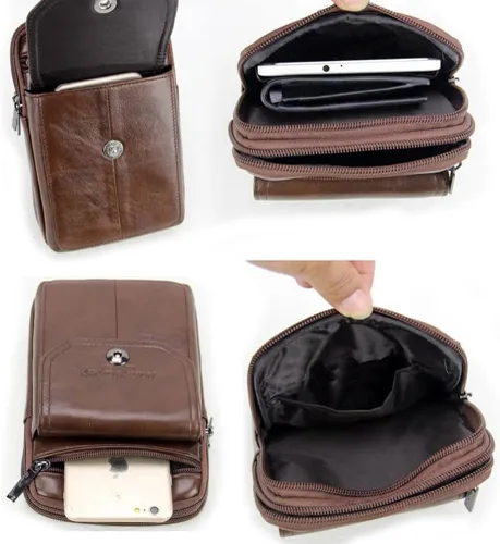 Miniatura 3 de Riñonera de piel de vaca de capa superior para hombre, riñonera lateral, bolsa para teléfono inteligente, modelo 8-marrón