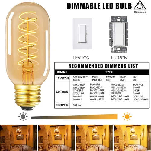 Miniatura 5 de Bombilla LED vintage de filamento espiral T14, base E26, 4W equivalente a 40W, blanco cálido, 2200K, regulable, AC120V, 400LM, vidrio ámbar, paquete