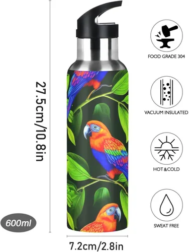 Miniatura 9 de Insulated Stainless Steel Water Bottle with Straw 20 Oz, BPA-Free Sports Water Bottle with Straw for Gym Outdoor Travel School, Vibrant Birds Green