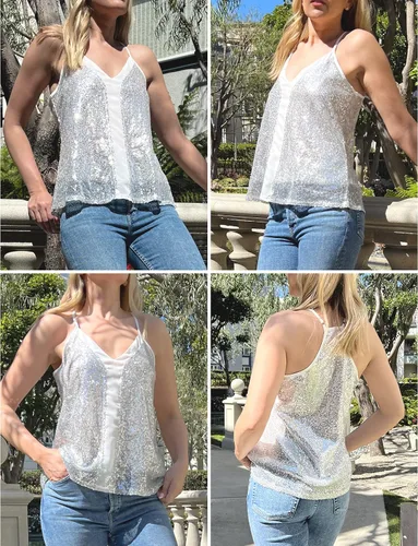 Miniatura 2 de Beyove Camiseta de lentejuelas sin mangas con cuello en V y tirantes delgados, parte superior de espalda cruzada brillante para fiesta