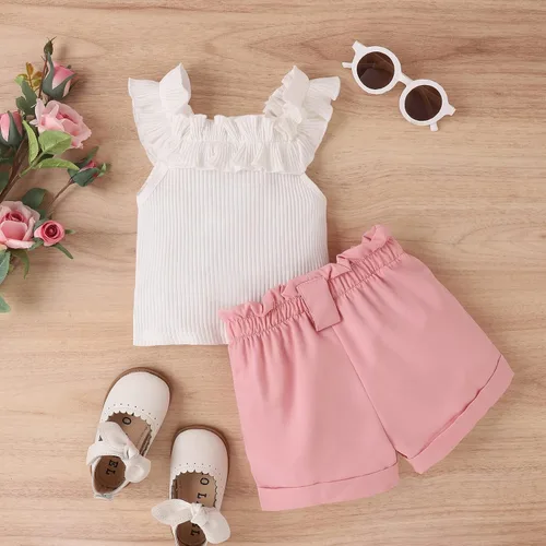 Miniatura 86 de TheFound Trajes de verano para niñas pequeñas, sin mangas, de punto acanalado, halter, pantalones cortos, ropa para recién nacidos, conjunto de 3
