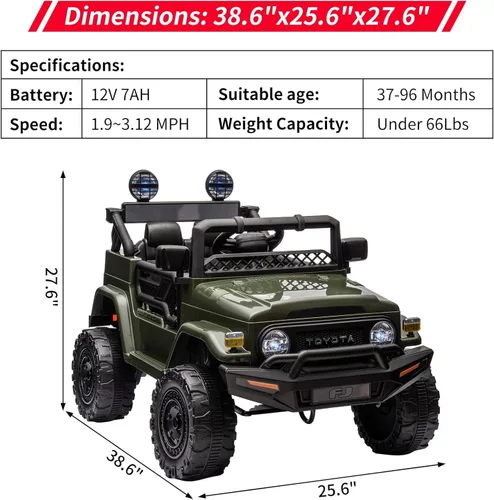 Miniatura 4 de Camión con licencia Toyota de 12 V 7 AH con control remoto, funciona con pilas, suspensión de resorte, neumáticos EVA, USB, música, luces LED, Verde