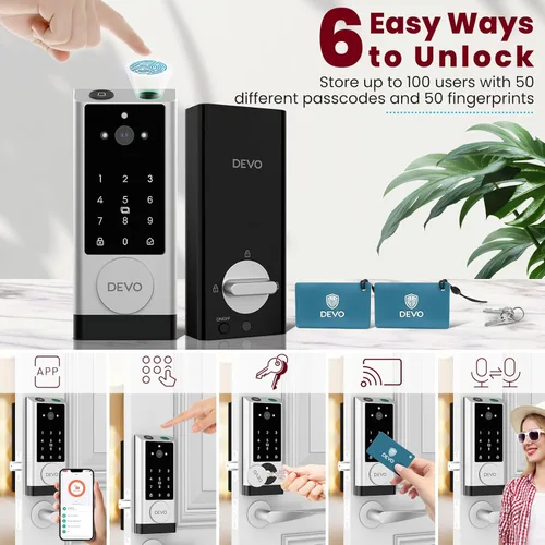 Miniatura 3 de DEVO G1 Cerradura inteligente de video 6-en-1 con cámara y timbre, cerradura de puerta de entrada sin llave con huella dactilar, cerraduras