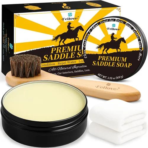 Feilove Jabón de sillín para cuero – Kit de limpiador y acondicionador de cuero 3 en 1 totalmente natural con cepillo de crin de caballo y paño –