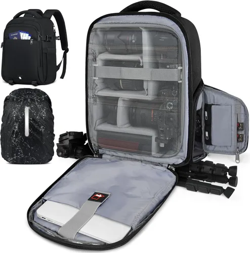 RAINSMORE Mochila para cámara para fotógrafos DSLR SLR SLR sin espejo con cubierta impermeable para lluvia y compartimento para laptop, se adapta a