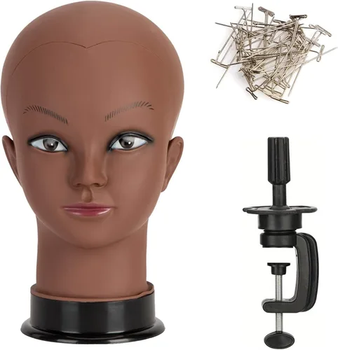 Miniatura 8 de Cabeza de maniquí calvo para mujer, maniquí profesional de entrenamiento de cosmetología, calvo para hacer pelucas y exhibir cabeza de maniquí Beige