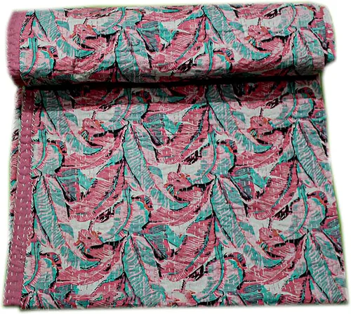 Miniatura 21 de Manta Kantha de retazos bohemios, manta de cama bohemia tamaño King, colcha Kantha con estampado de frutas, funda de cama Kantha hecha a mano Beige