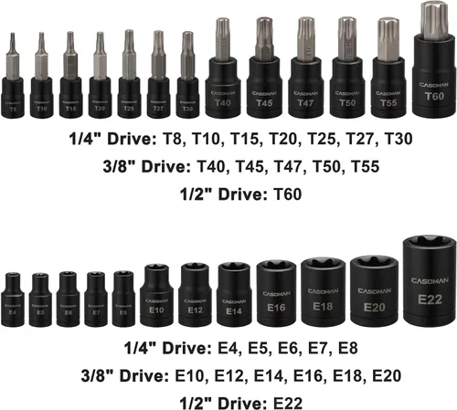 Miniatura 3 de CASOMAN Juego de 25 piezas de dados Torx y enchufes externos, 13 puntas de enchufe estrella (T8- T60) y 12 enchufes E-Torx hembra (E4-E22)
