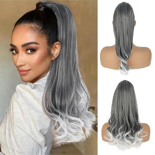 Oseti Extensiones de cabello de cola de caballo gris con cordón para mujeres negras, 18 pulgadas, extensiones de cabello sintético rizado con clip