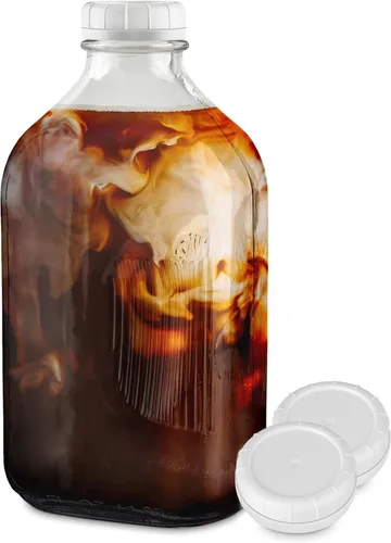 Stock Your Home Botella de vidrio de medio galón con tapa (paquete de 1) jarras de 64 onzas y 3 tapas blancas, recipiente reutilizable de grado
