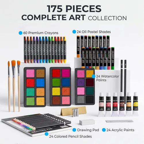 Miniatura 2 de Juego de 175 piezas de arte de madera de lujo con 2 almohadillas de dibujo, pinturas acrílicas, lápices de colores, lápices de colores, pincel, kit