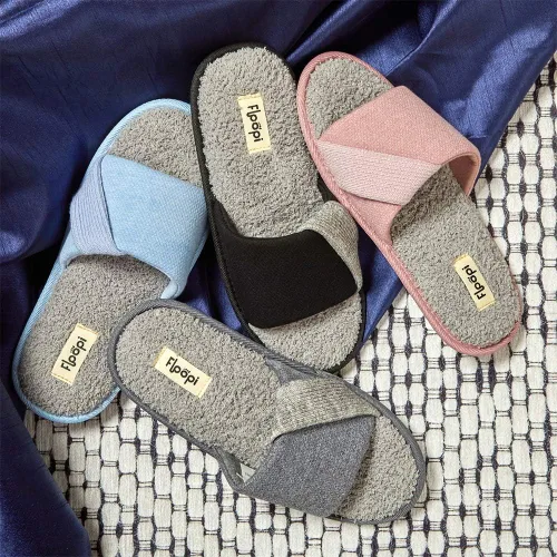 Miniatura 5 de Floopi Pantuflas de verano suaves con punta abierta para mujer con espuma viscoelástica, correa de punto acento, plantilla de rizo suave, suela
