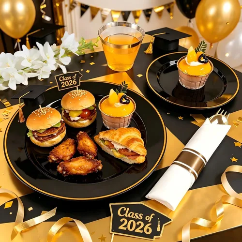 Miniatura 4 de SUT Juego de vajilla de plástico negro y dorado de 175 piezas para 25 invitados, incluye: 25 platos llanos, 25 platos de postre, 25 servilletas
