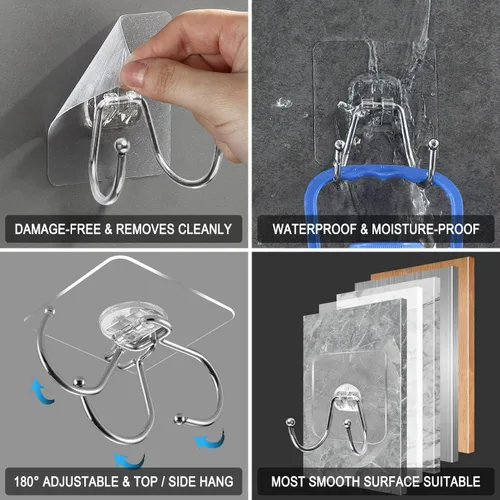Miniatura 3 de Paquete de 15 ganchos grandes de pared adhesivos dobles, sin daños, impermeables, de 33 libras máximo, resistentes, para colgar, transparentes, sin
