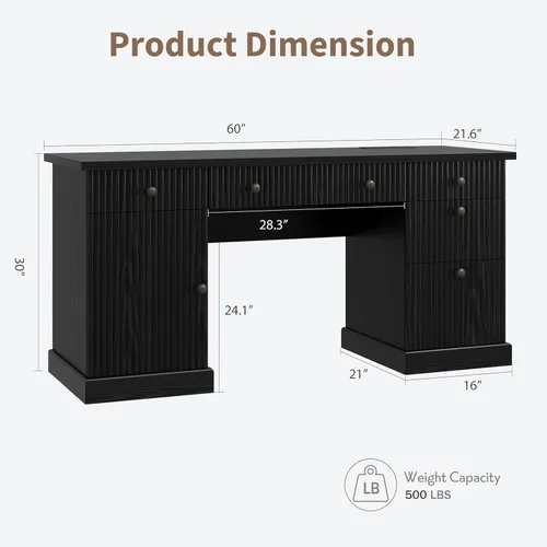 Miniatura 2 de Garvee 60" Office Desk with Storage & Drawers. Fluted Wood Computer Desk with Power Outlet & Adjustable Shelves.Modern Executive Desk for Home