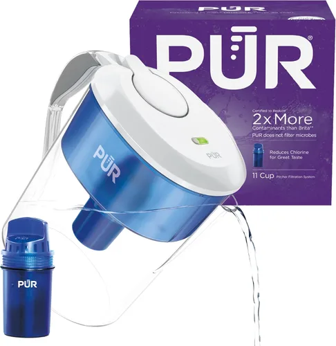 PUR Jarra de agua de 11 tazas, 1 filtro PUR original, agua más limpia y de gran sabor, apta para lavavajillas, potente filtración, indicador