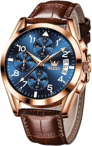 Miniatura 32 de OLEVS - Relojes para hombre, de cuero marrón, caja dorada, analógico, de cuarzo, de moda, para negocios, reloj de vestir, con fecha, luminoso