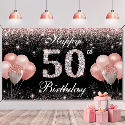 Fondo de pancarta de cumpleaños 50, decoraciones de feliz cumpleaños 50 para mujer, oro rosa, fabuloso cumpleaños de 50 años, letrero de patio,