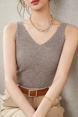 Miniatura 3 de LINY XIN Chaleco de punto 100 % lana merino para mujer, con cuello en V, sin mangas, liso, clásico