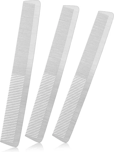 Patelai Peine de metal de acero inoxidable para hombres, peine de peluquero de doble cara plateado, dientes anchos y finos, antiestático para cortar