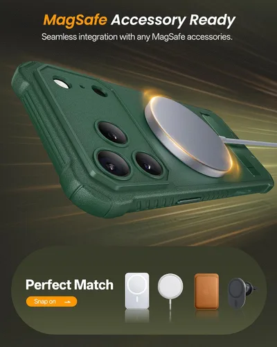 Miniatura 5 de Funda magnética para iPhone 17 Pro, soporte integrado y compatible con MagSafe y control de cámara, protección completa de la cámara, duradera, Verde