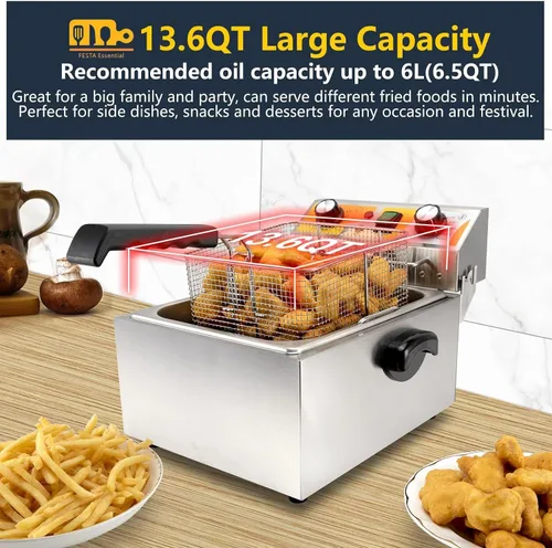 Miniatura 5 de Festa Essential Freidora eléctrica de 13.6 cuartos de galón con cesta y tapa de freír de 6 L (6.5 cuartos de galón), encimera comercial de acero