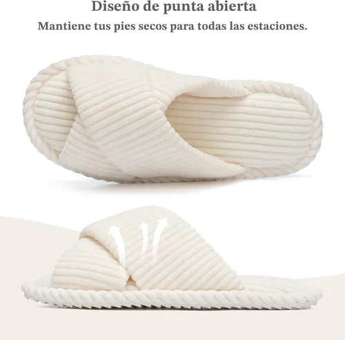 Miniatura 6 de GOEWY - Pantuflas para mujer con espuma viscoelástica para el hogar, con entretejido de pana, tiras cruzadas, con punta abierta, sandalias cómodas