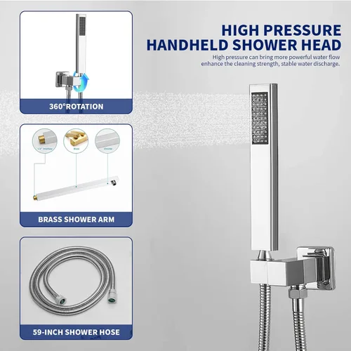 Miniatura 4 de BWE Juego combinado de ducha de mezclador de lluvia de lujo de 12 pulgadas cuadradas para baño, montado en la pared, sistema de cabezal de ducha