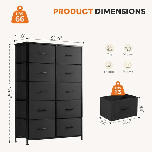 Miniatura 3 de Sweetcrispy, Torre de Almacenamiento de Tela de 10 Cajones con Contenedores, Organizador de Cajonera Alta para Dormitorio, Armario, Pasillo, Marco
