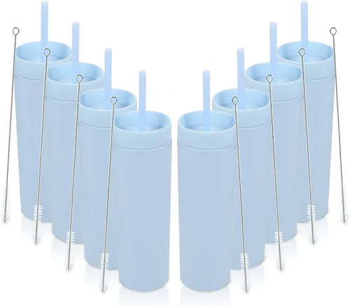 Miniatura 20 de Volhoply Vaso delgado de plástico de 16 onzas con tapa y pajita, paquete de 4 unidades, vasos aislados de doble pared de acrílico mate, sin BPA
