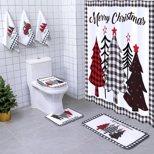 Miniatura 11 de Newwiee 7 piezas de juego de baño de Navidad, cortina de ducha de Navidad, cortina de ducha decorativa antideslizante, alfombras y toallas