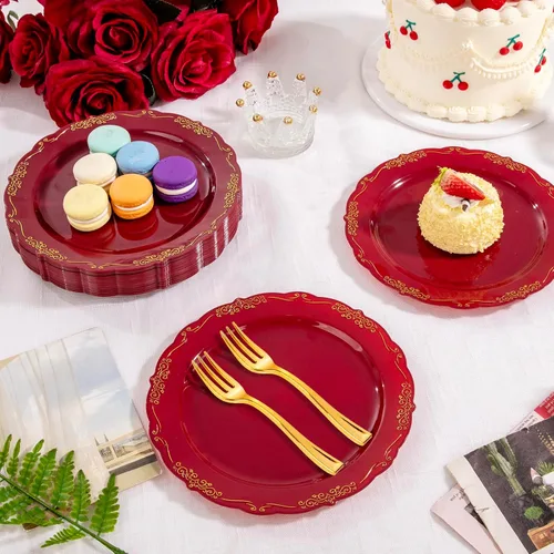 Miniatura 6 de LIYH 100 Platos de Postre de Plástico Burdeos Dorado con 100 Tenedores de Postre Dorados, Platos de Ensalada Rojos Desechables Incluye 100 Platos