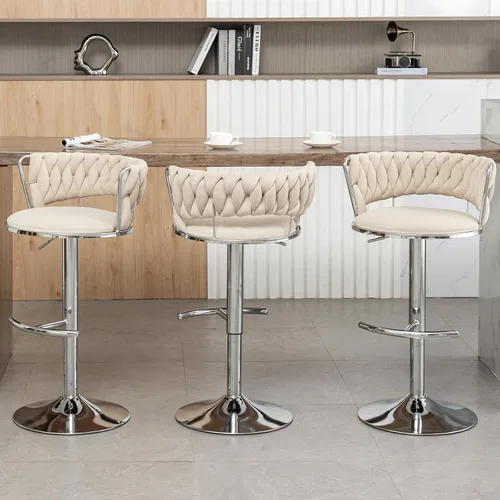 Miniatura 14 de Taburetes de bar dorados juego de 2, taburetes de bar de terciopelo giratorios con respaldo tejido, taburetes ajustables para isla de cocina, Beige