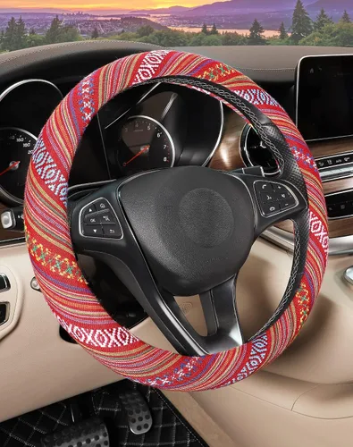 Miniatura 10 de SEG Direct Funda bohemia para volante con tela de manta Baja, cubierta para volante de estilo étnico hecha de lino grueso, se adapta a volantes