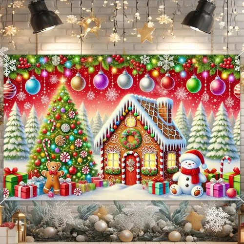 Miniatura 9 de BlissYard Telón de fondo de tren de Papá Noel, 71 x 43 pulgadas, pancarta de escena de Navidad de pan de jengibre, fondo de fotos para fiestas