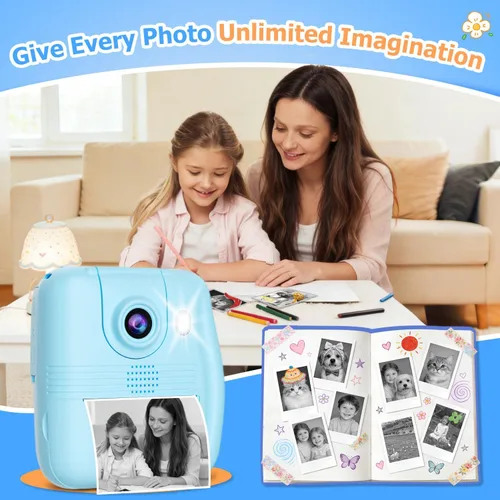 Miniatura 6 de GKTZ Cámara para niños de impresión instantánea: cámara de video digital de 2.4 pulgadas para niños pequeños y niños de 3 a 12 años, con 3 rollos