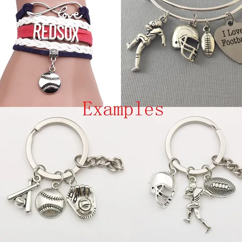 Miniatura 6 de 100 piezas de dijes deportivos de plata envejecida para hacer joyas, aleación de fútbol, béisbol, sóftbol, fútbol para manualidades de bricolaje