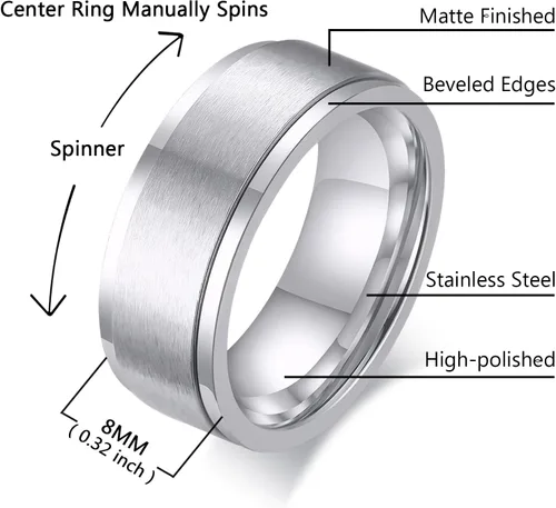 Miniatura 2 de Anillos giratorios para la ansiedad para hombre, de 0.315 in, de acero inoxidable, para hombres y mujeres, alivio de la ansiedad, acabado cepillado