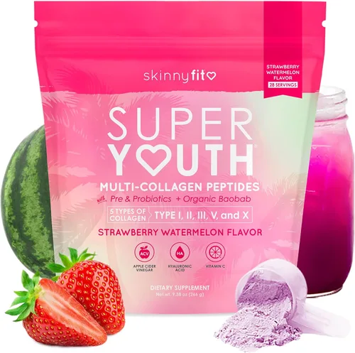 SkinnyFit - Colágeno Super Youth para Mujeres - Polvo de Péptidos de Multicolágeno - Probióticos, Fibra, Ácido Hialurónico - Sin OGM, Sin Gluten,
