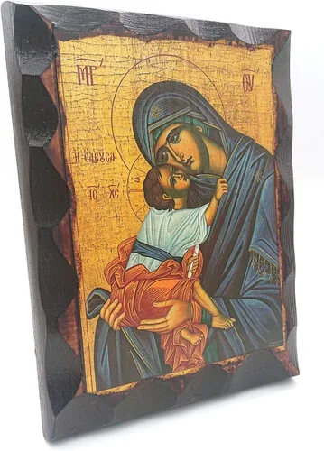 Miniatura 2 de Mastic of Chios Icono de madera bendecido griego cristiano ortodoxo hecho a mano Virgen María Eleosa con Jesucristo (16 X 4.7 in o 6.3 X 4.7 in)