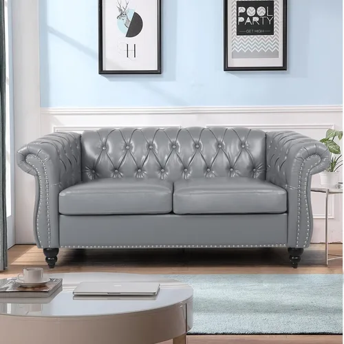 Miniatura 10 de LEVNARY Sillón tapizado de cuero, moderno sofá individual de mediados de siglo con brazos enrollados y cabeza de clavo, silla Chesterfield de piel