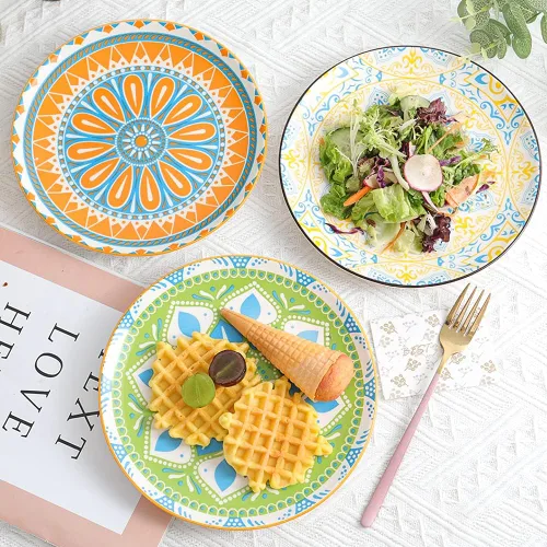 Miniatura 9 de Juego de platos de postre de cerámica de 6 a 8 pulgadas para ensalada y aperitivo, colores vibrantes para mezclar y combinar, aptos
