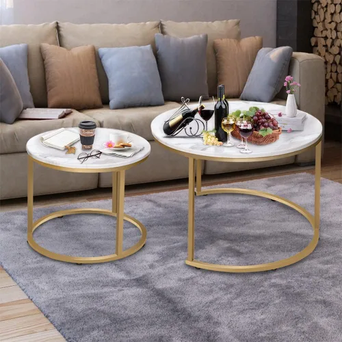 Miniatura 5 de Garden 4 you Mesa auxiliar anidable de mármol blanco sintético para lugares pequeños, 2 juegos de muebles modernos, juegos de sala de estar, mesa